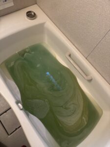 どろりと濁った緑色のお湯。汚れが表面に浮いている