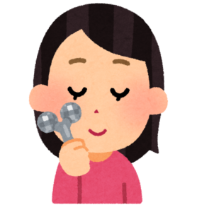 美顔ローラーでセルフケアをする女性のイラスト