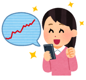 株価の上昇を見て喜ぶ女性のイラスト