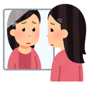 鏡を見て困っている女性のイラスト