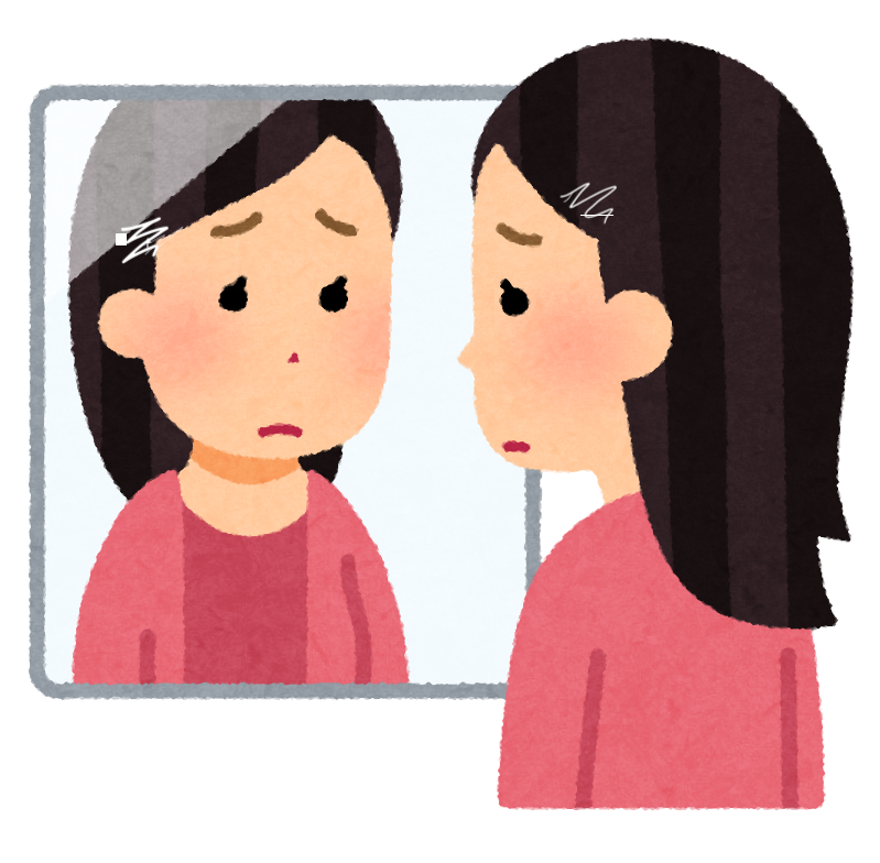鏡を見て困っている女性のイラスト