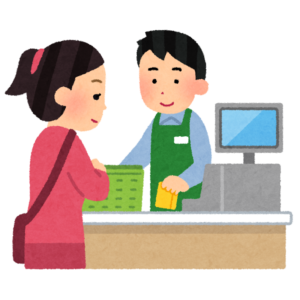 スーパーのレジで会計をする女性のイラスト