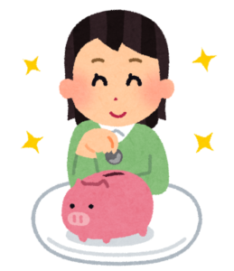 貯金箱にコインを入れている女性のイラスト
