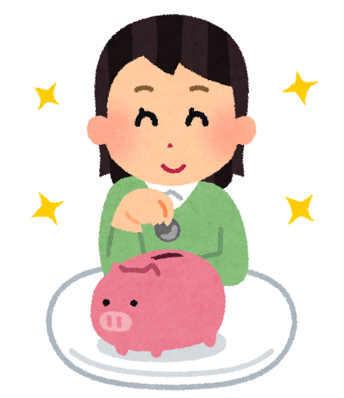 貯金箱にコインを入れている女性のイラスト
