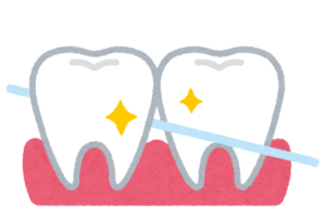 歯の間にフロスを通している様子のイラスト