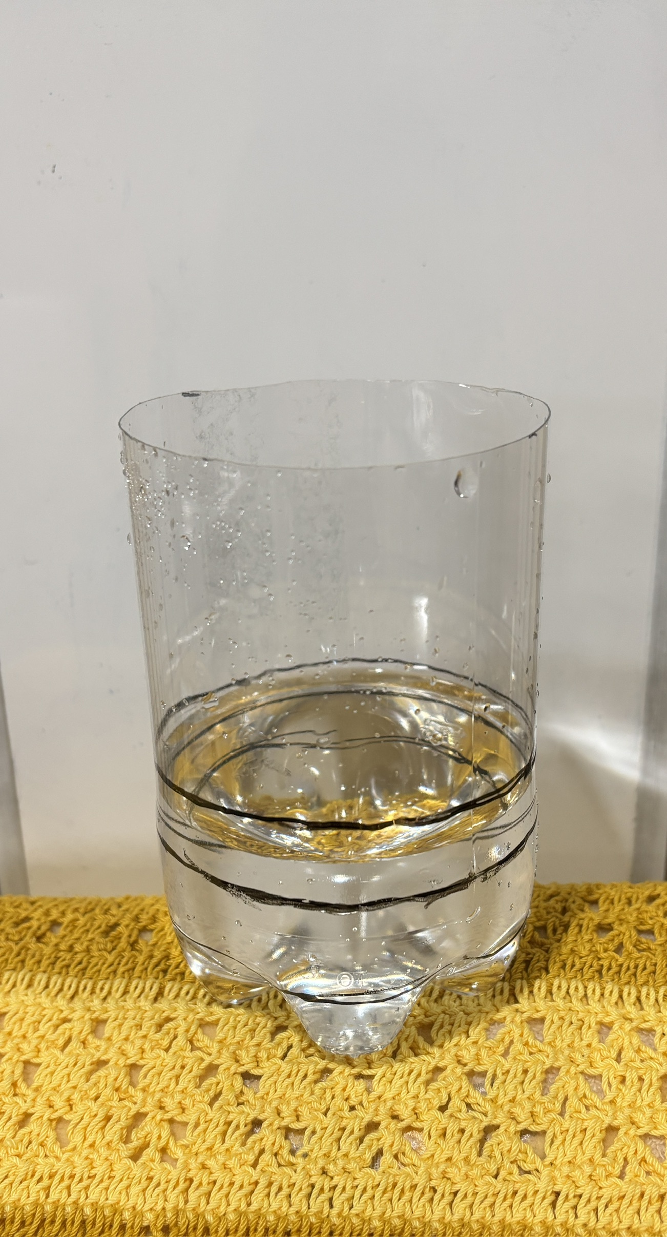 目盛りの線まで水を入れたペットボトルの計量カップ