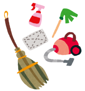 ほうきや掃除機など掃除道具のイラスト